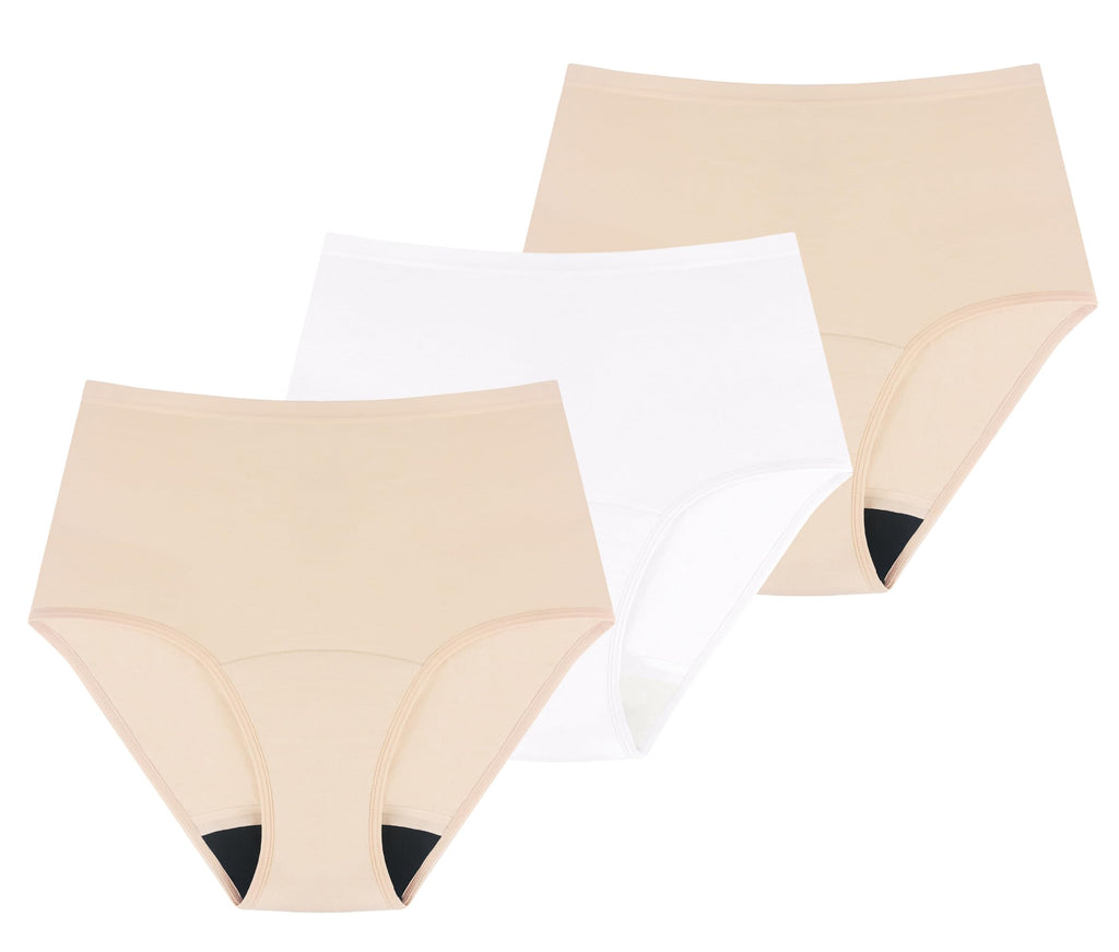 Washable Absorbency Urinary Incontinence Underwear for Women High Waist Leak Proof Panties 60ML, 3 Pack Beige White V355