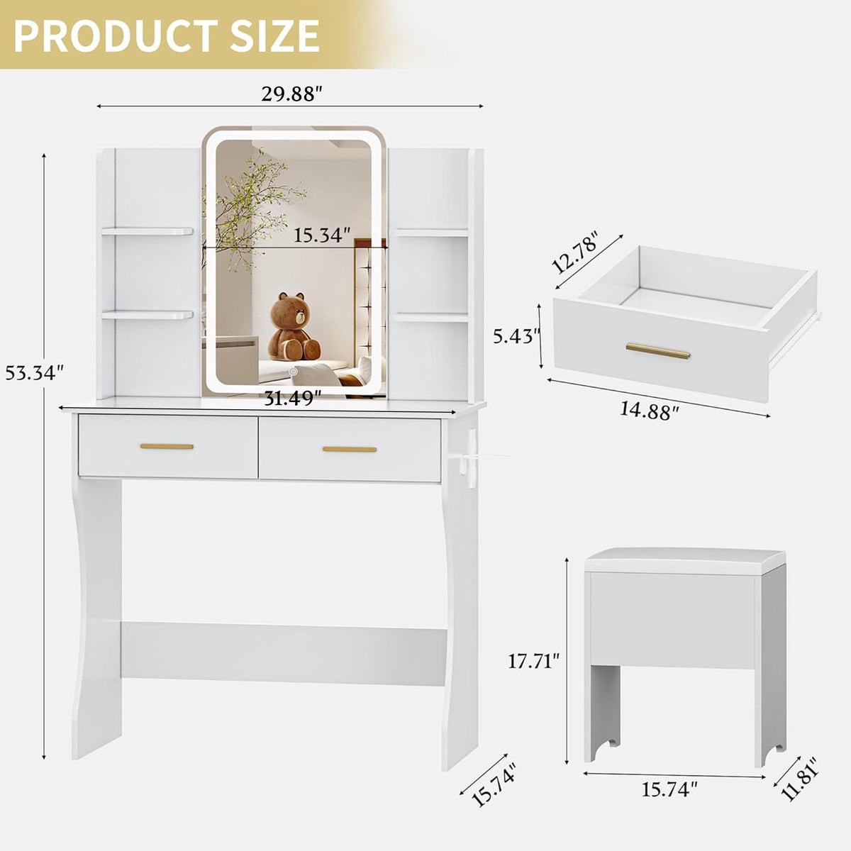White Vanity Desk with LED Lights Mirror and Chair Q213