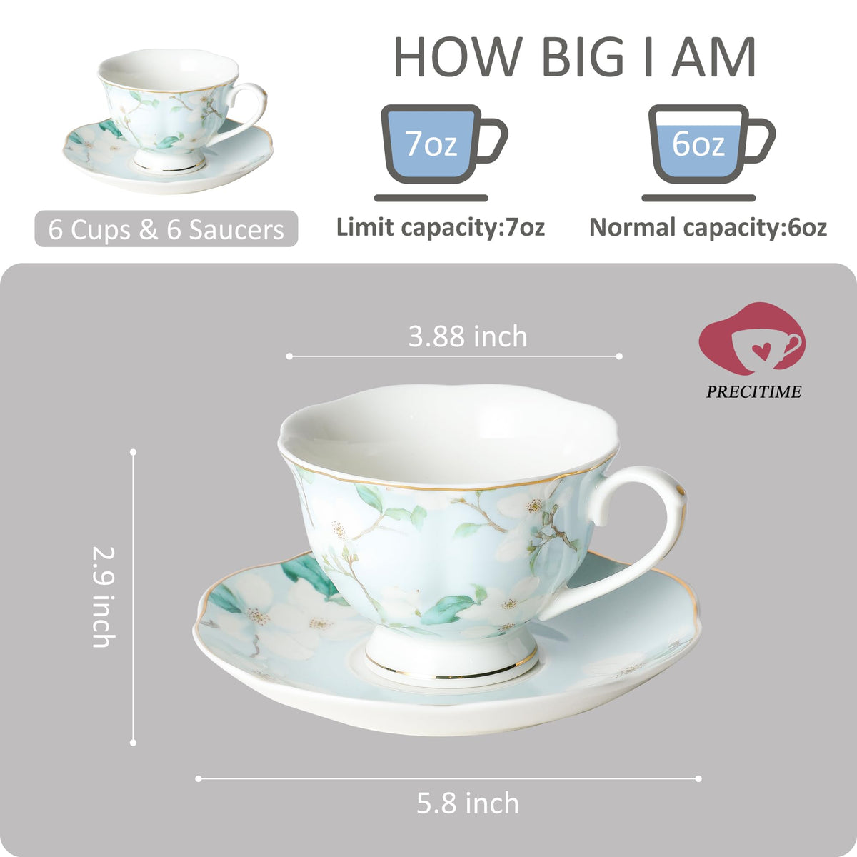 6oz Porcelain Tea Cup & Saucer Set of 6 L489152