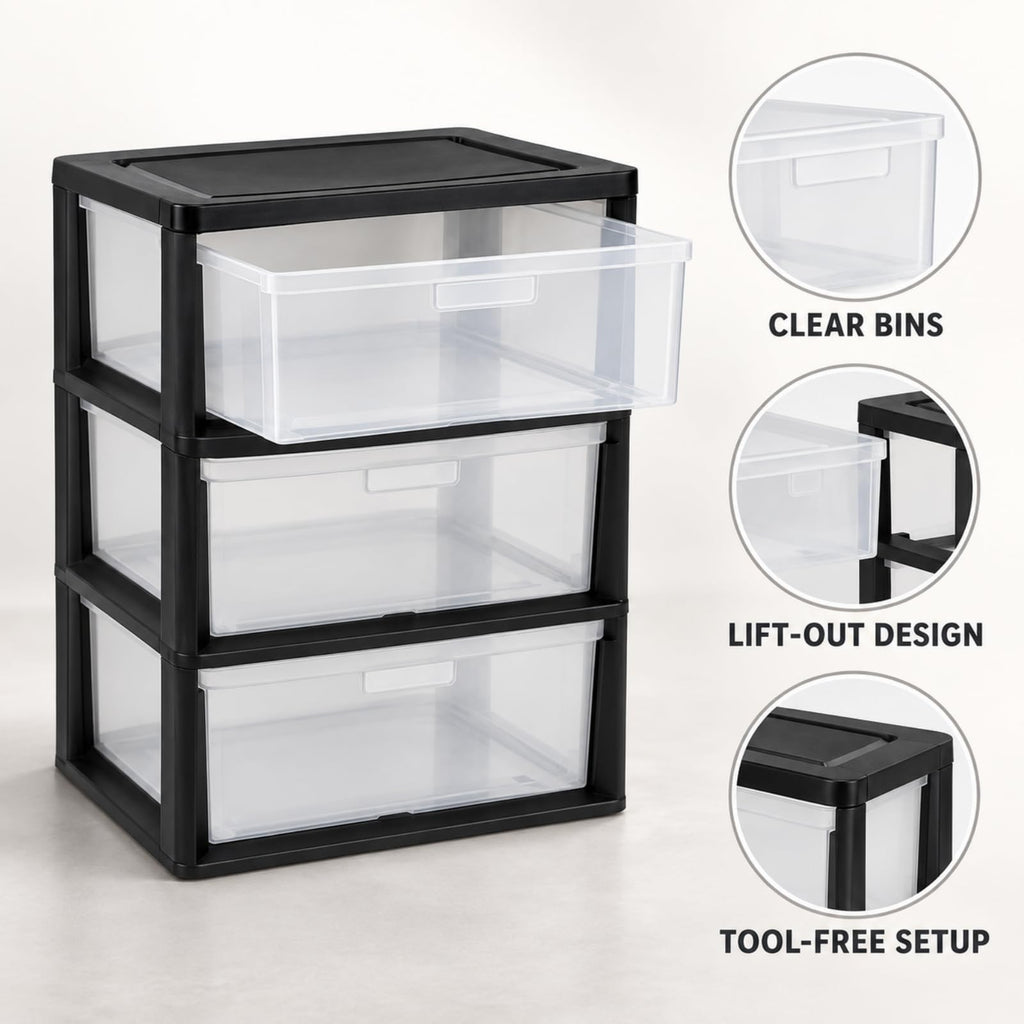 3 Drawer Clear Plastic Storage Cart B251