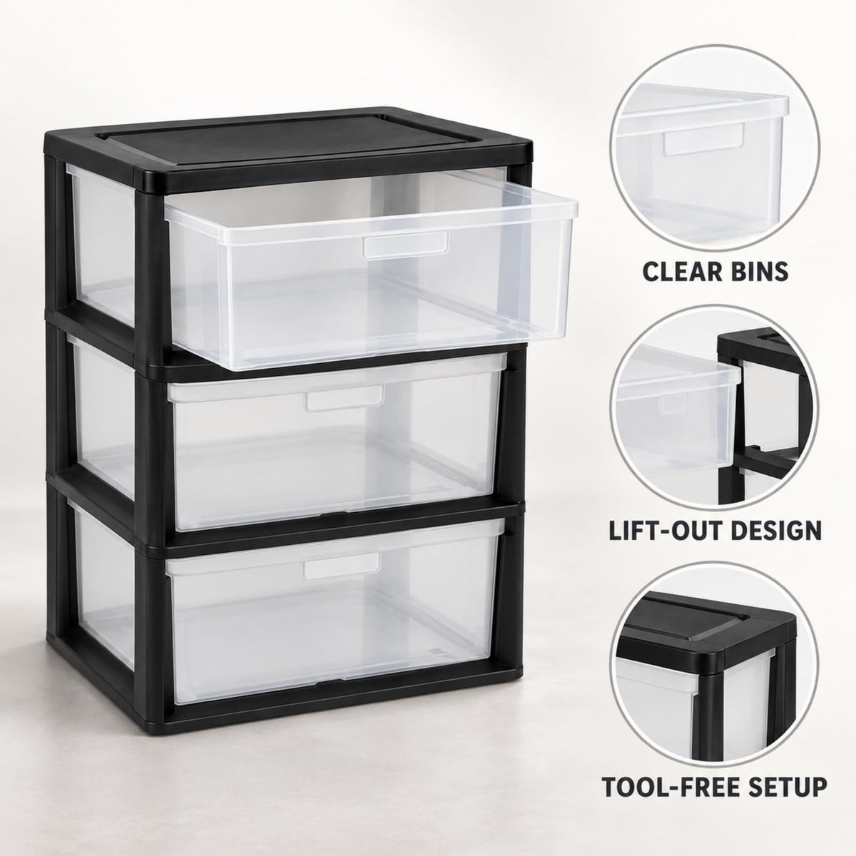 3 Drawer Clear Plastic Storage Cart B251