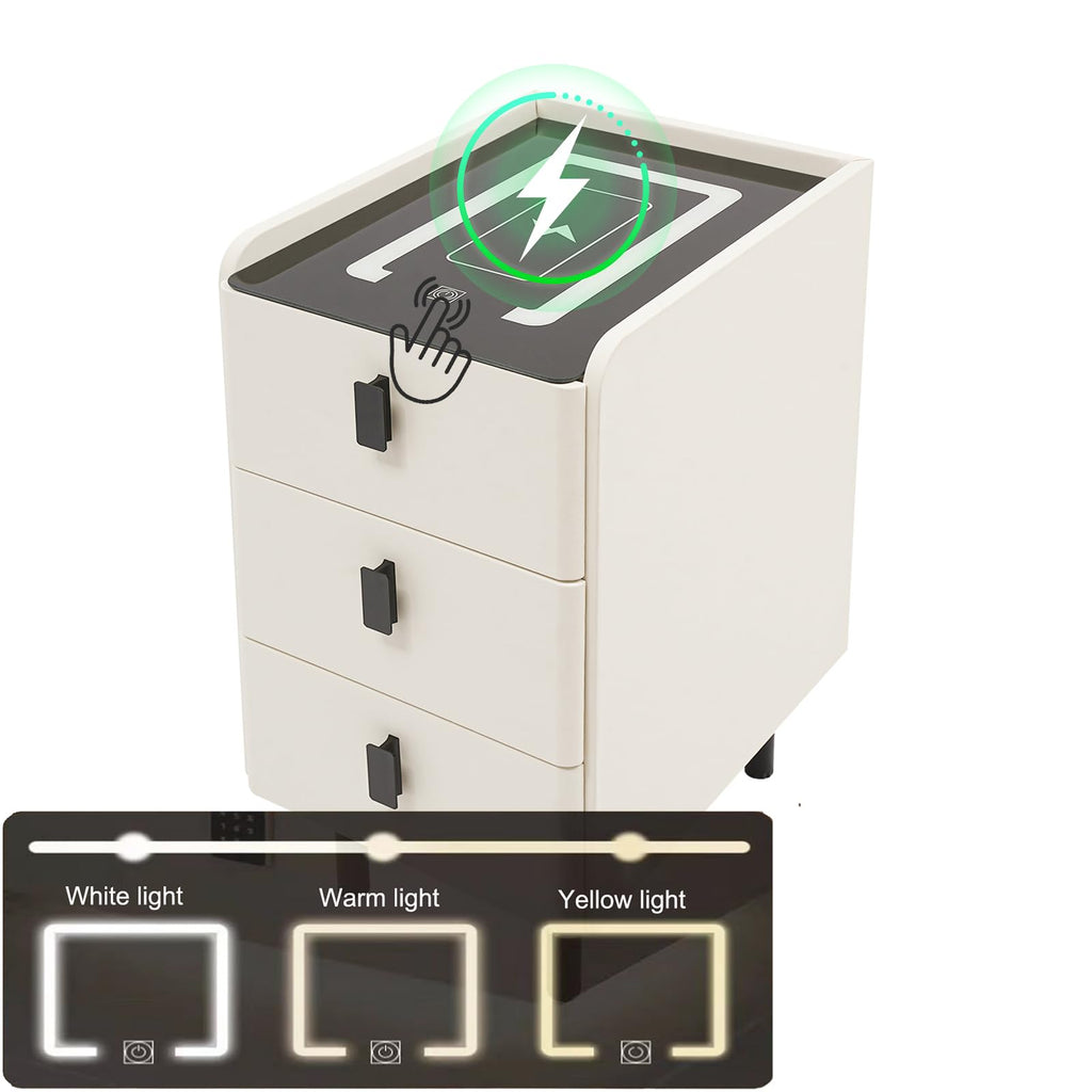 White Smart Nightstand with Wireless Charging Station & Adjustable LED Lights, 3 Drawers K25935