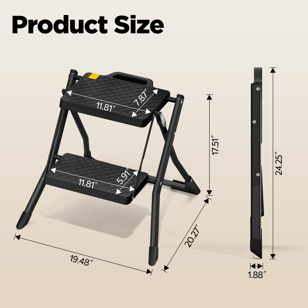 2 Step Folding Stool Ladder 330lb Cap Black H2675