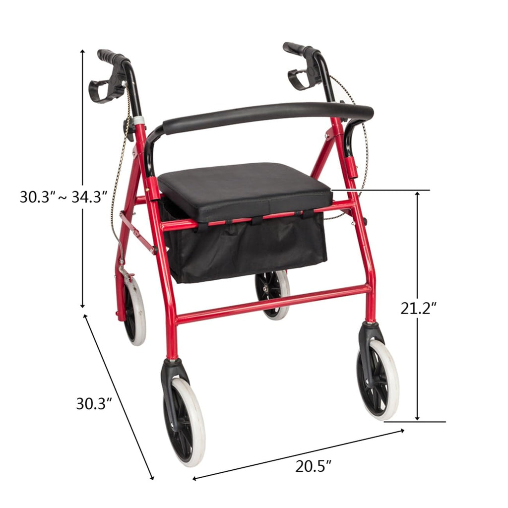 Foldable Rollator Walker with Seat & Wheels, Height Adjustable, 286lbs Weight Capacity, Red C22277