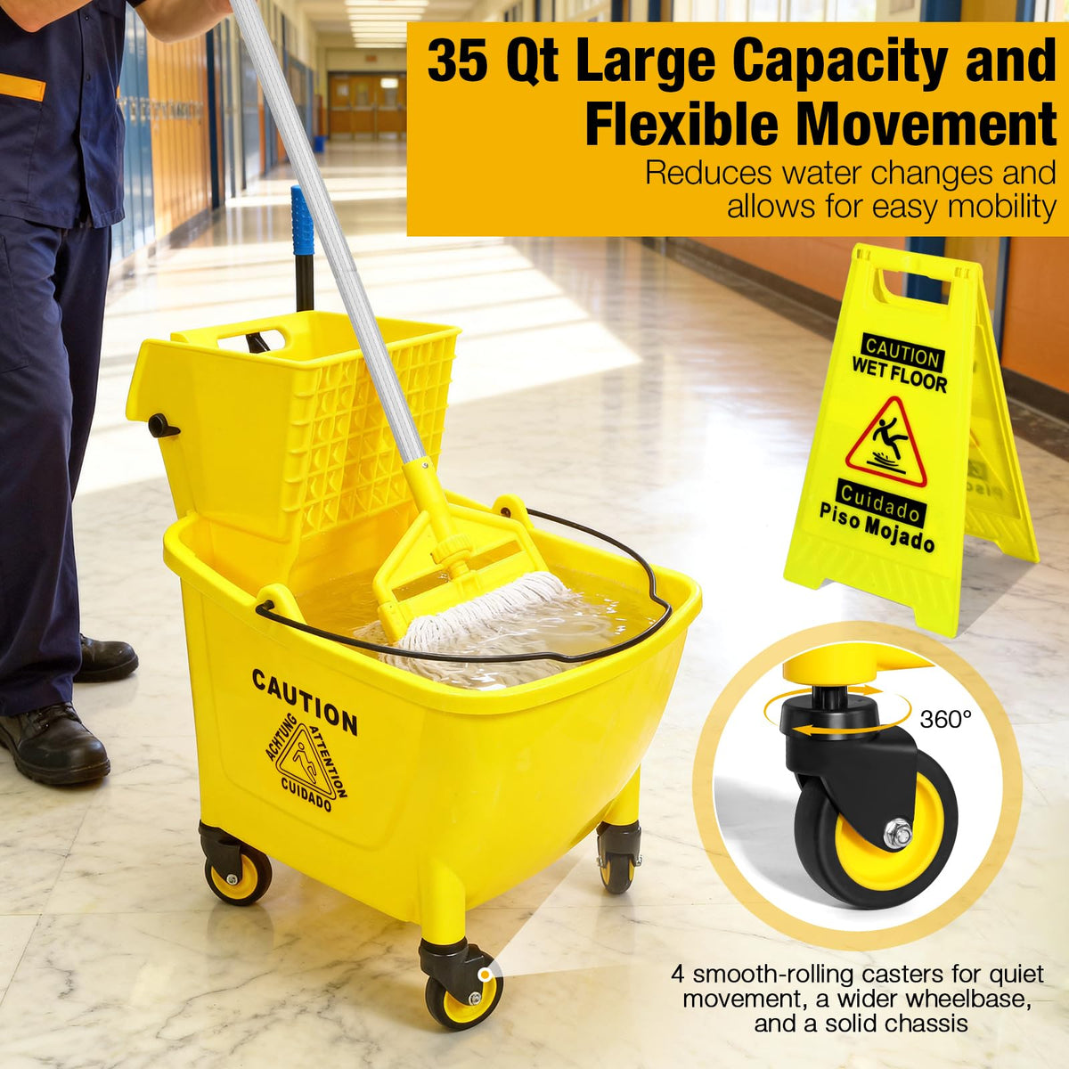 Yellow 35Qt Mop Bucket with Side Press Wringer on Wheels L41870