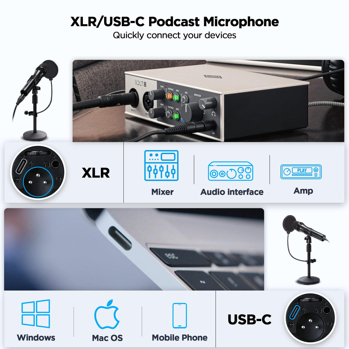 USB Dynamic Microphone with Desktop Stand, Pop Filter, Headphone Jack P66970