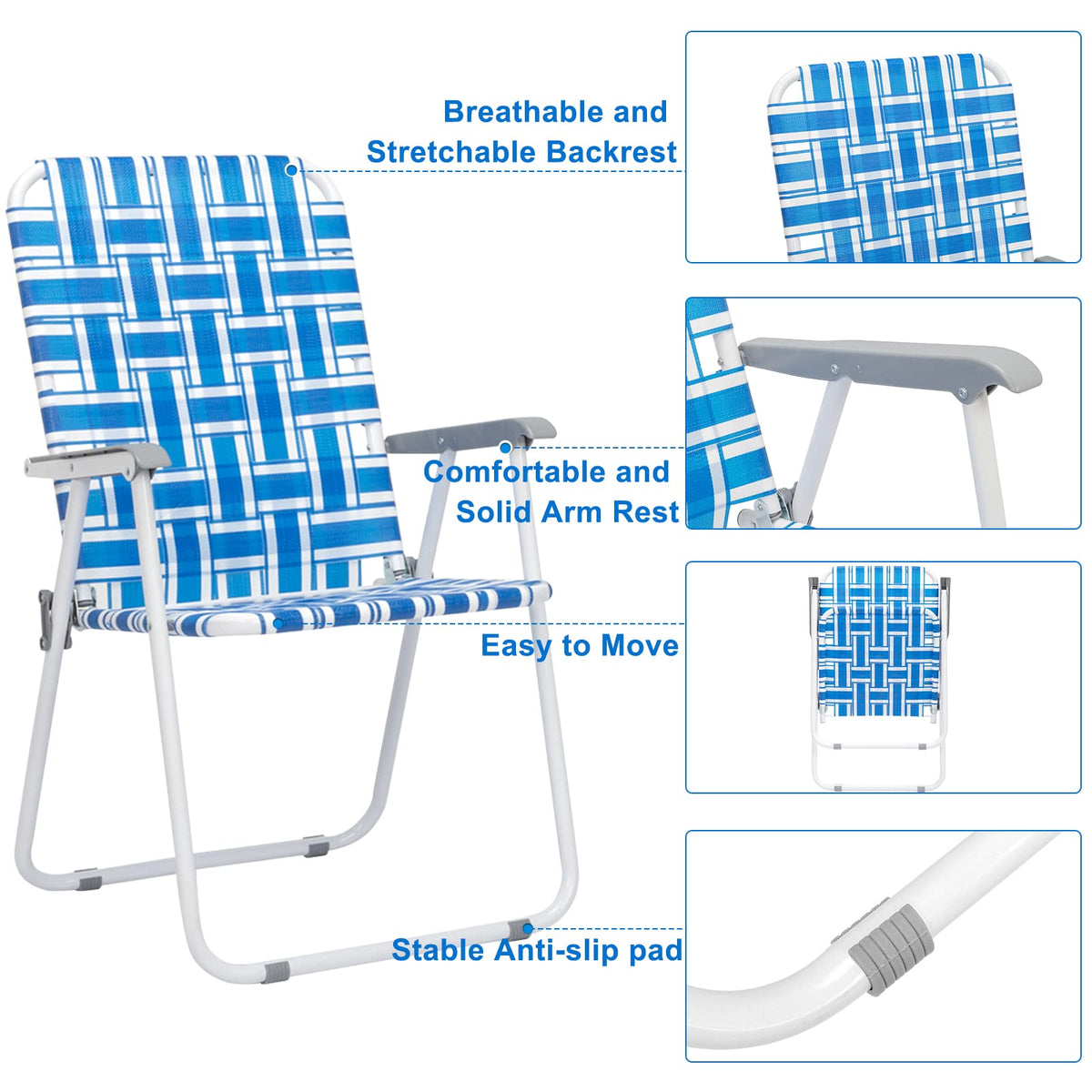 Folding Aluminum Webbed Lawn Chairs Set of 2 Blue & White Strip M777