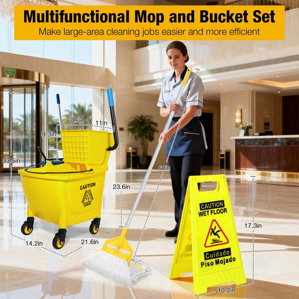 Yellow 35Qt Mop Bucket with Side Press Wringer on Wheels L41870