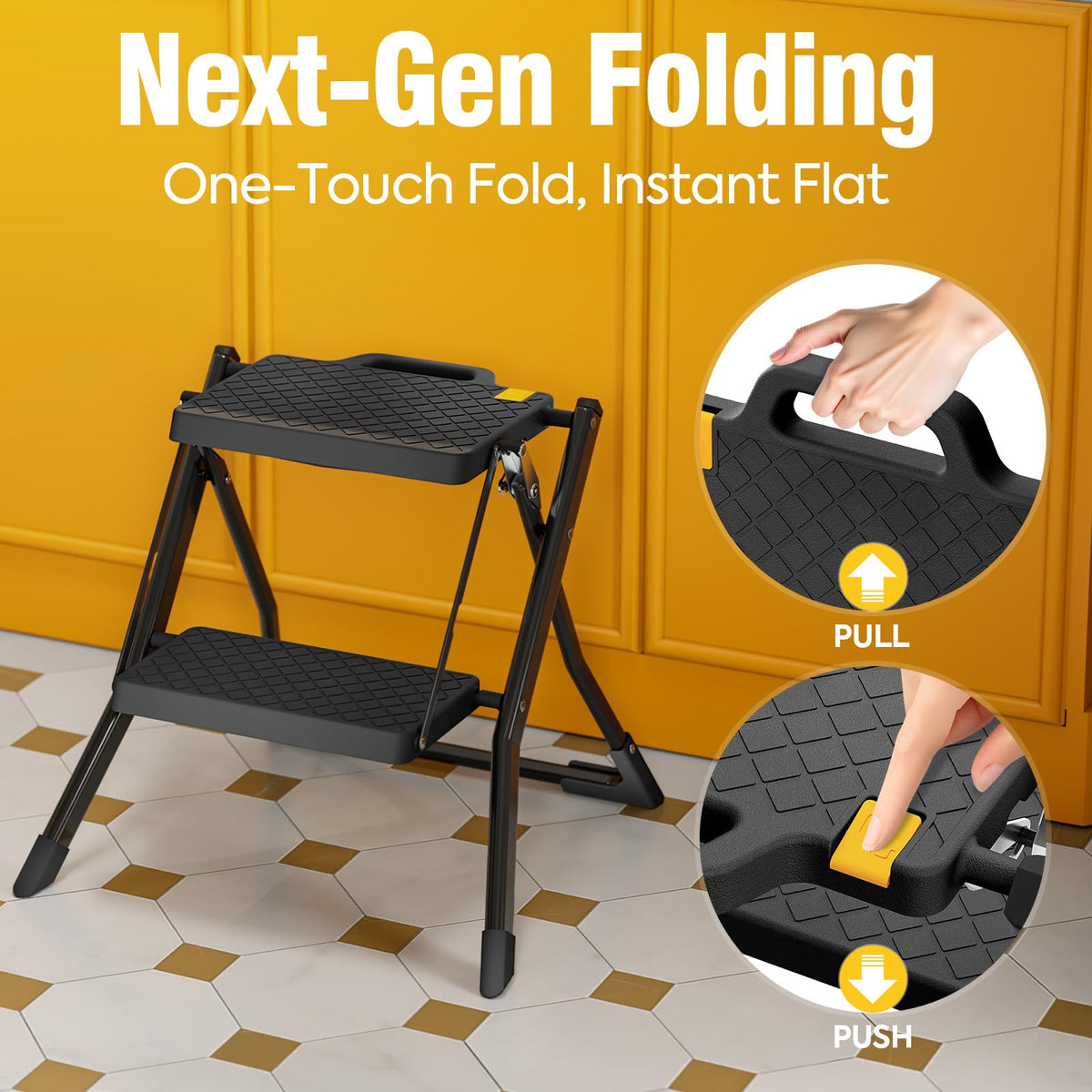 2 Step Folding Stool Ladder 330lb Cap Black H2675