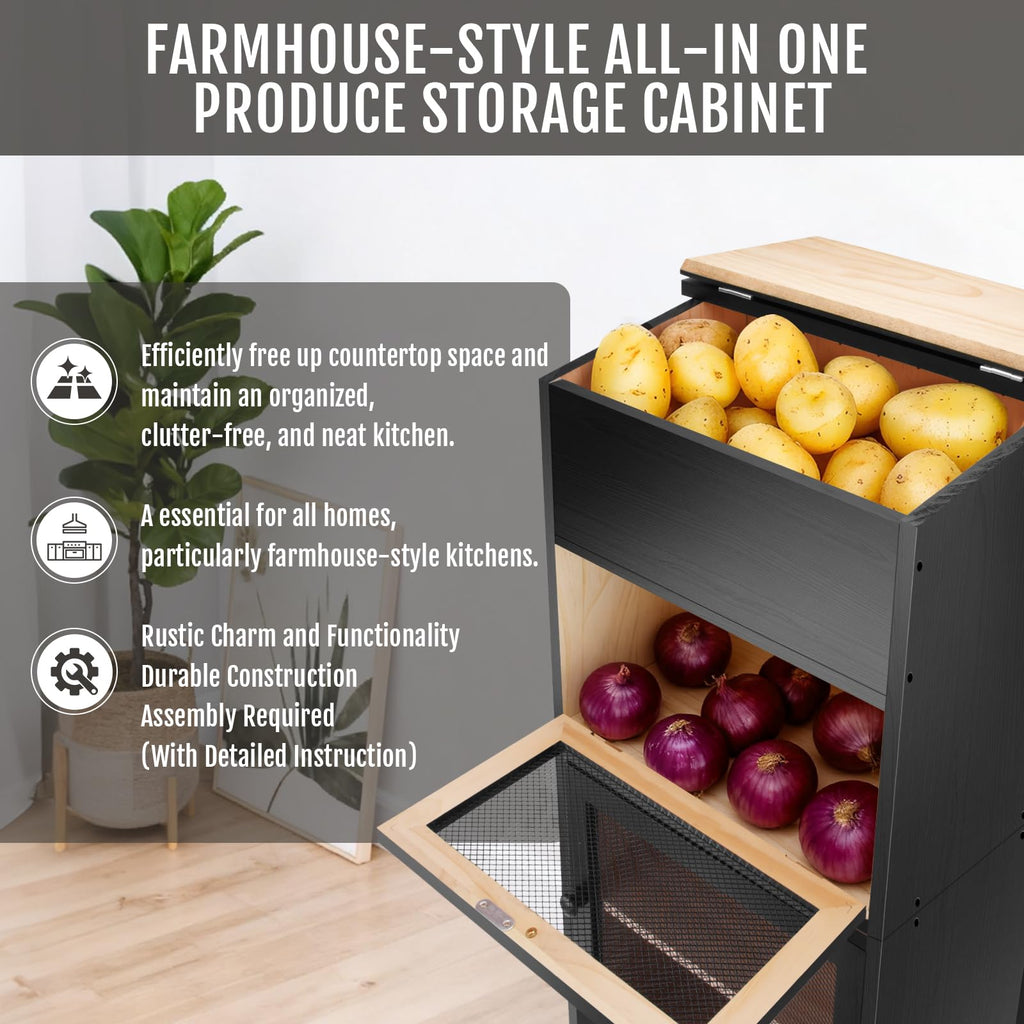 Black Stackable Wooden Potato Onion Storage Bin with Lid E373