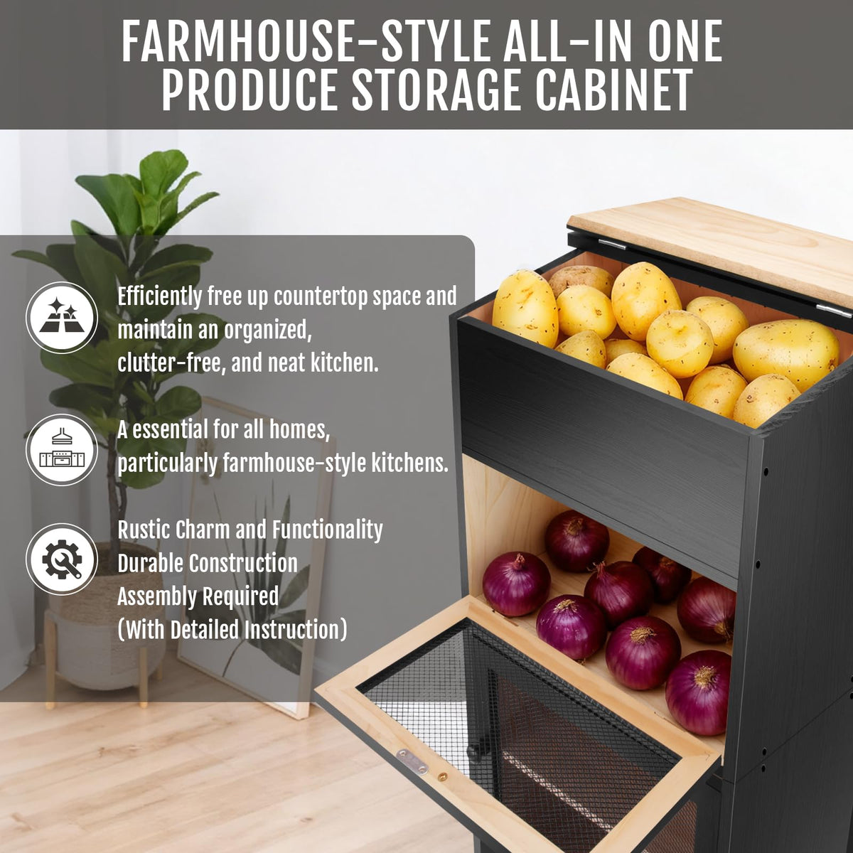 Black Stackable Wooden Potato Onion Storage Bin with Lid E373