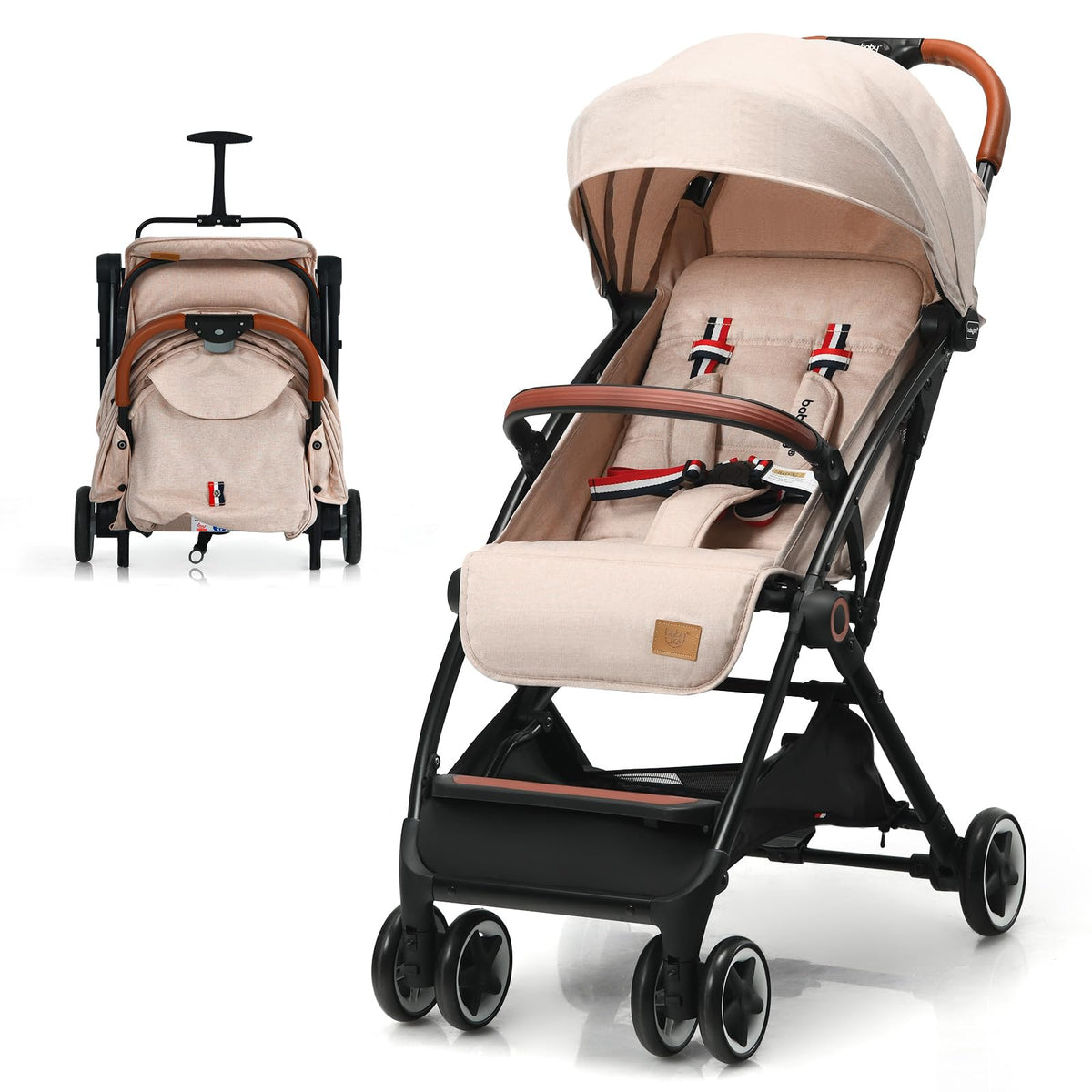 Lightweight Compact Baby Stroller with 5-Point Harness and Storage Basket, Beige R449