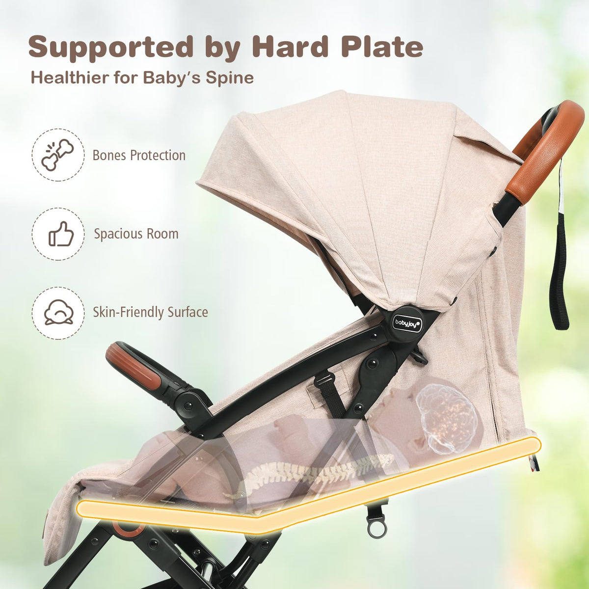 Lightweight Compact Baby Stroller with 5-Point Harness and Storage Basket, Beige R449