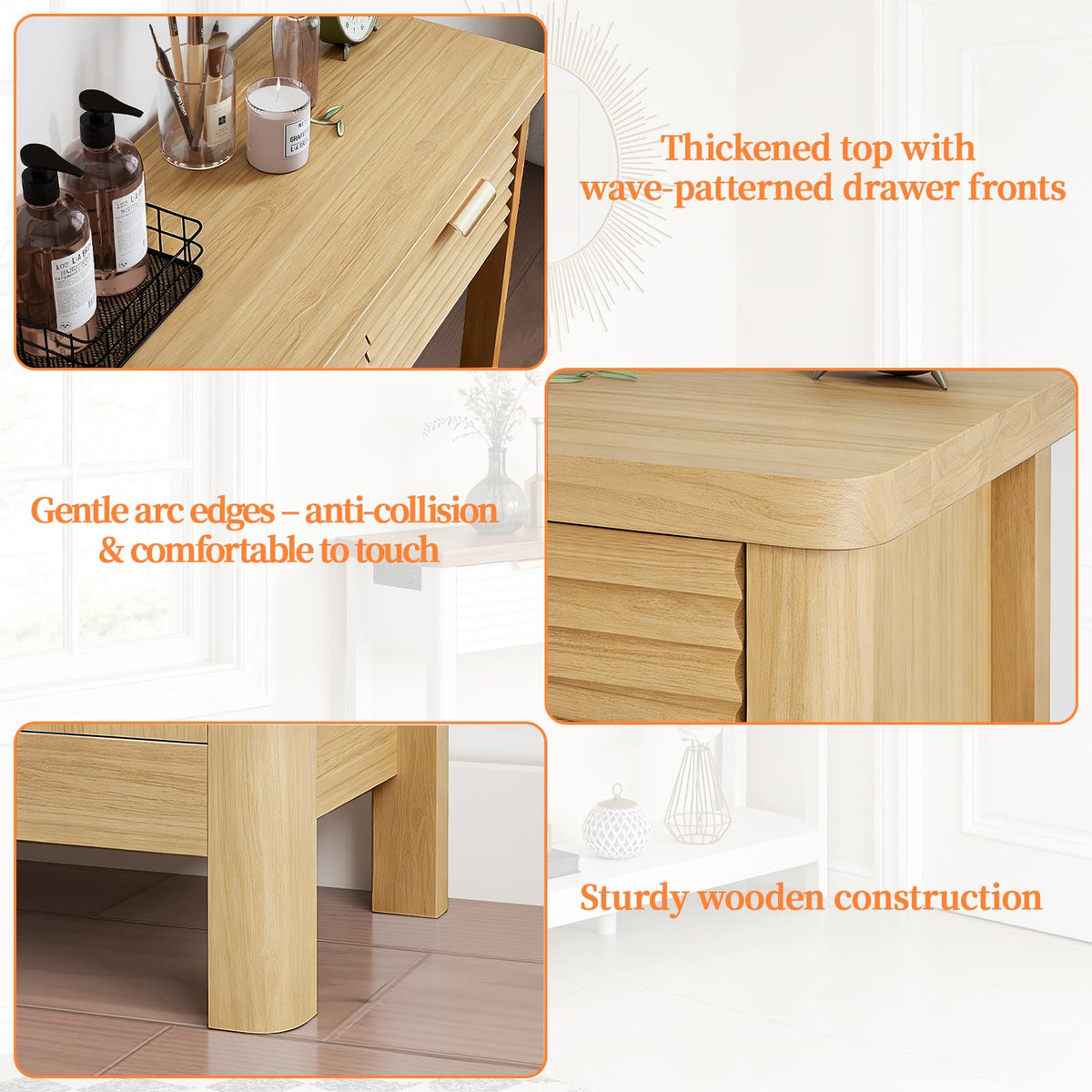 47.2" Narrow Console Table with 3 Drawers & Charging Station, Oak I890044