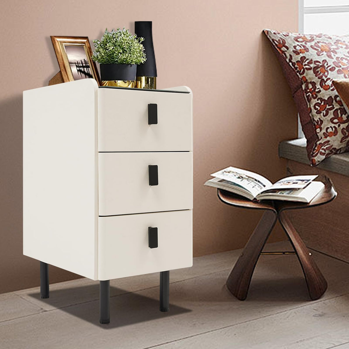 White Smart Nightstand with Wireless Charging Station & Adjustable LED Lights, 3 Drawers K25935