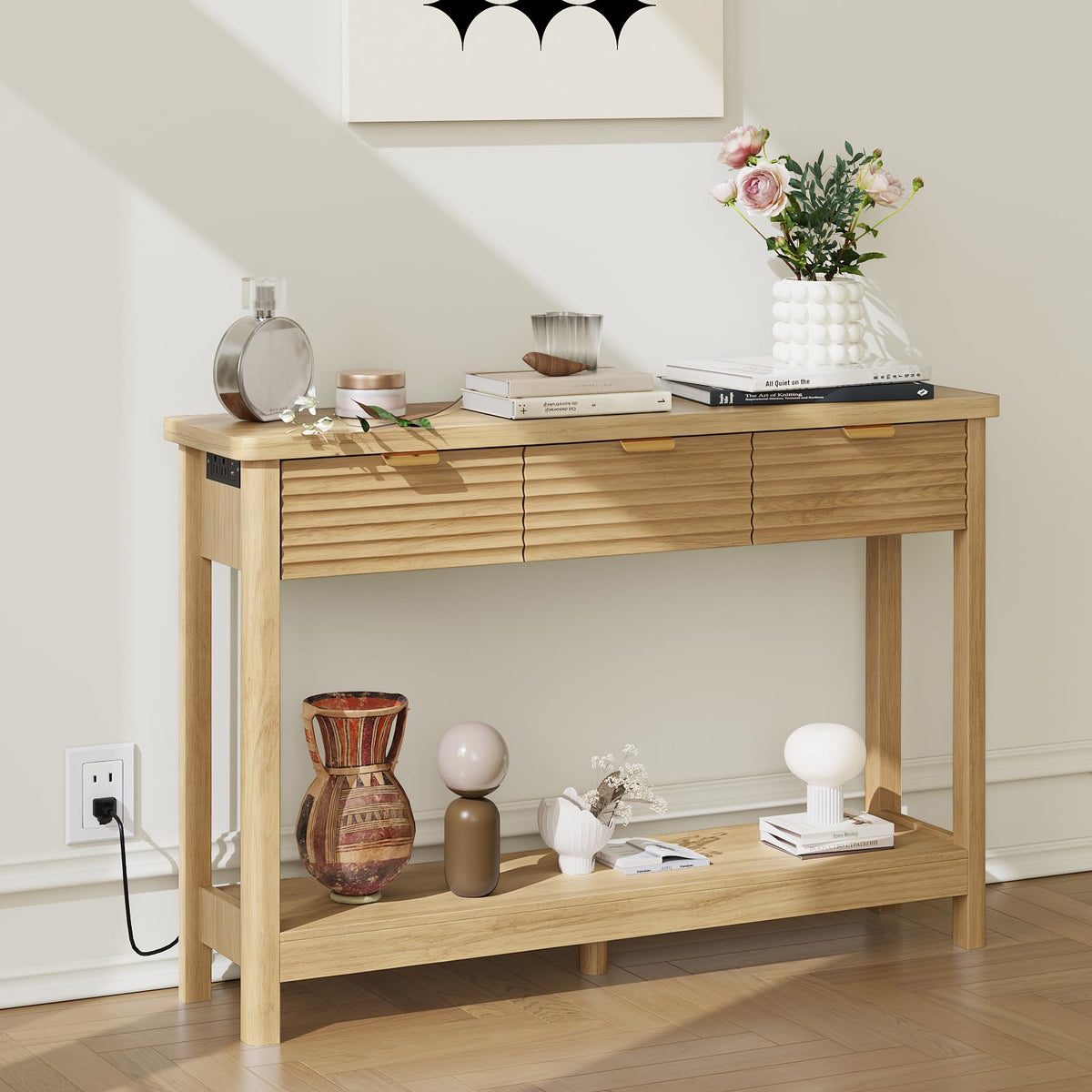 47.2" Narrow Console Table with 3 Drawers & Charging Station, Oak I890044