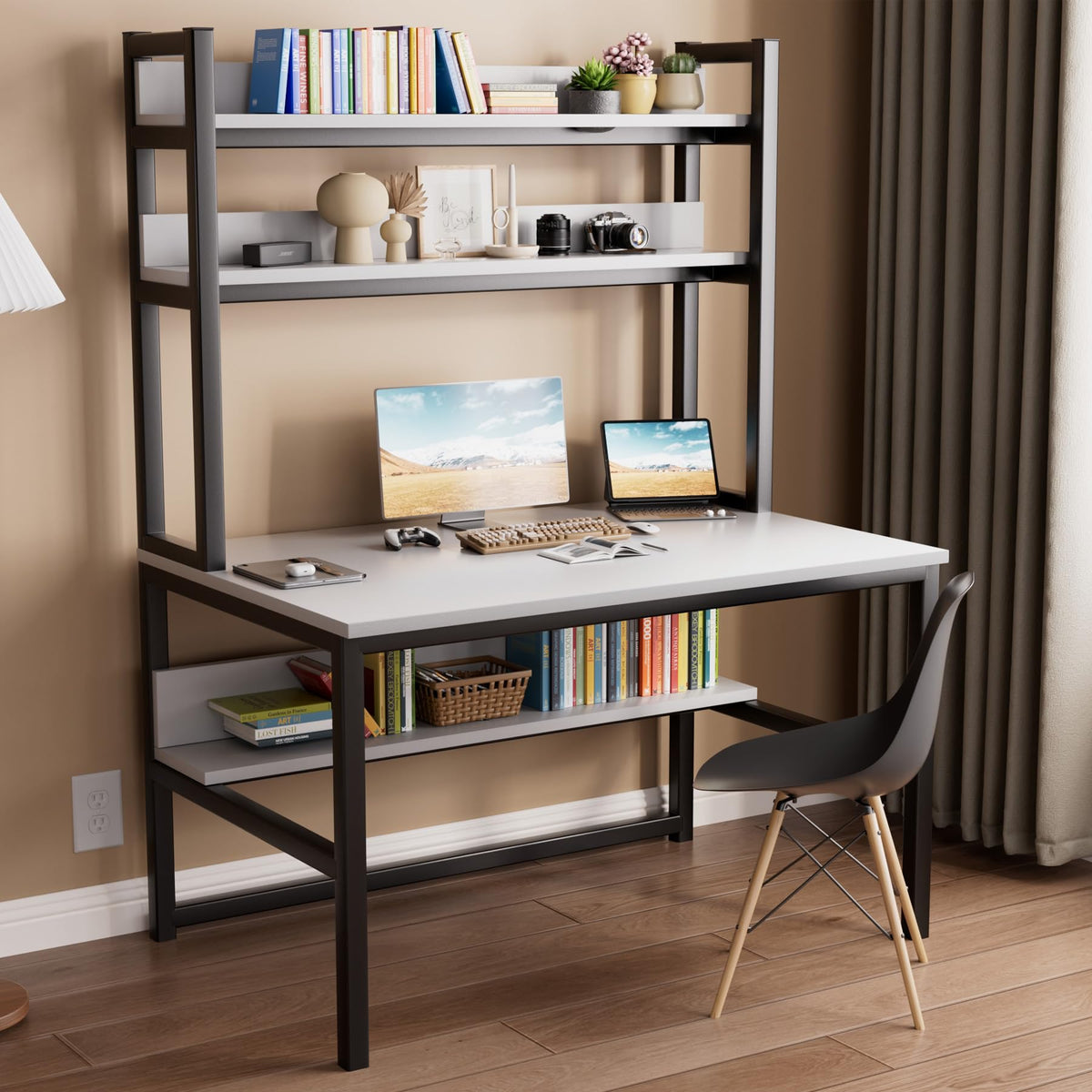 White Computer Desk with Hutch and Shelves X289