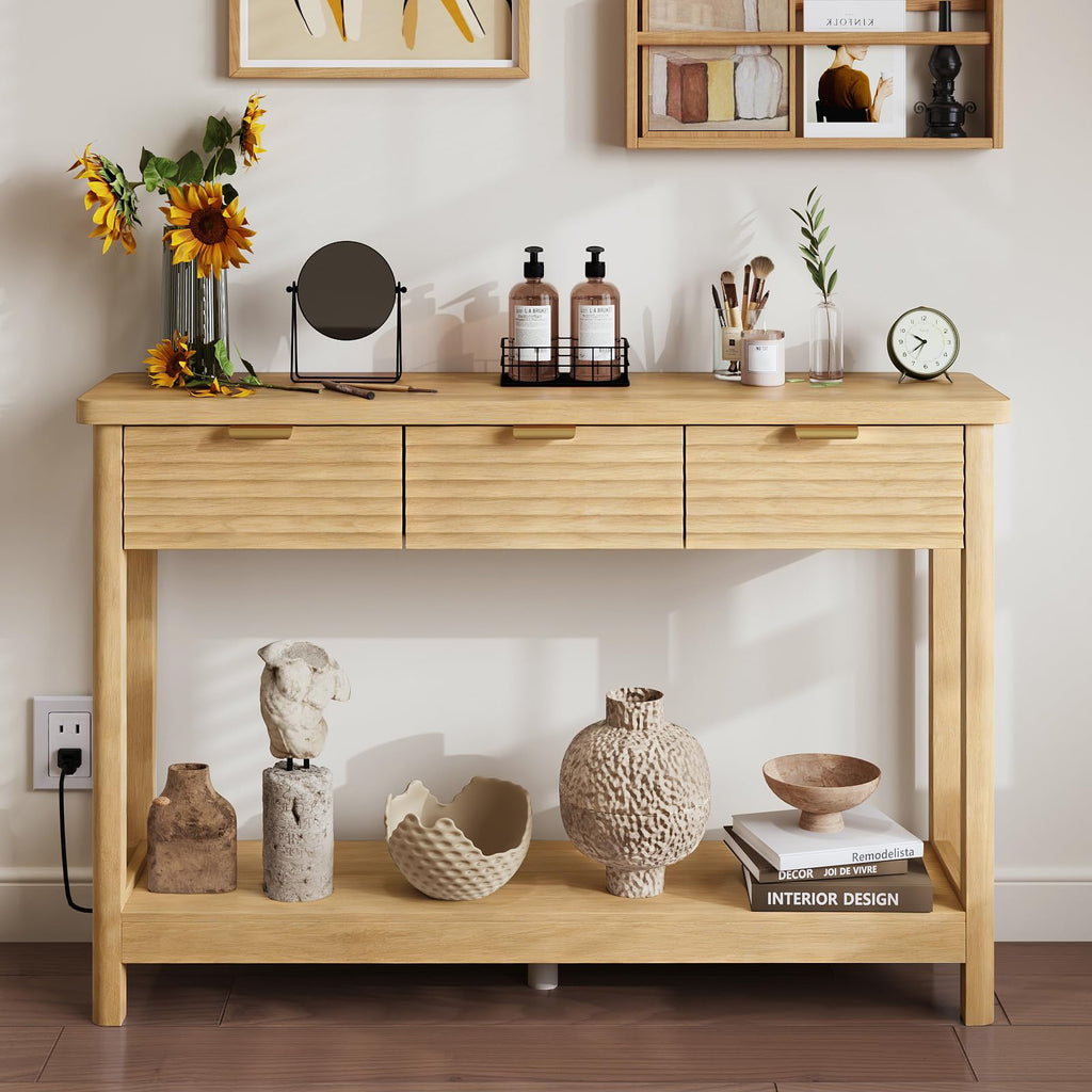 47.2" Narrow Console Table with 3 Drawers & Charging Station, Oak I890044