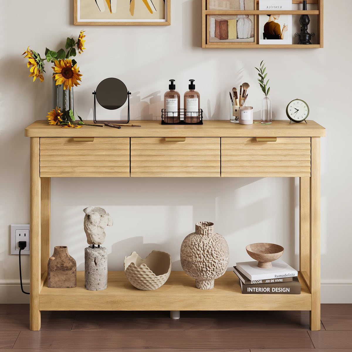 47.2" Narrow Console Table with 3 Drawers & Charging Station, Oak I890044