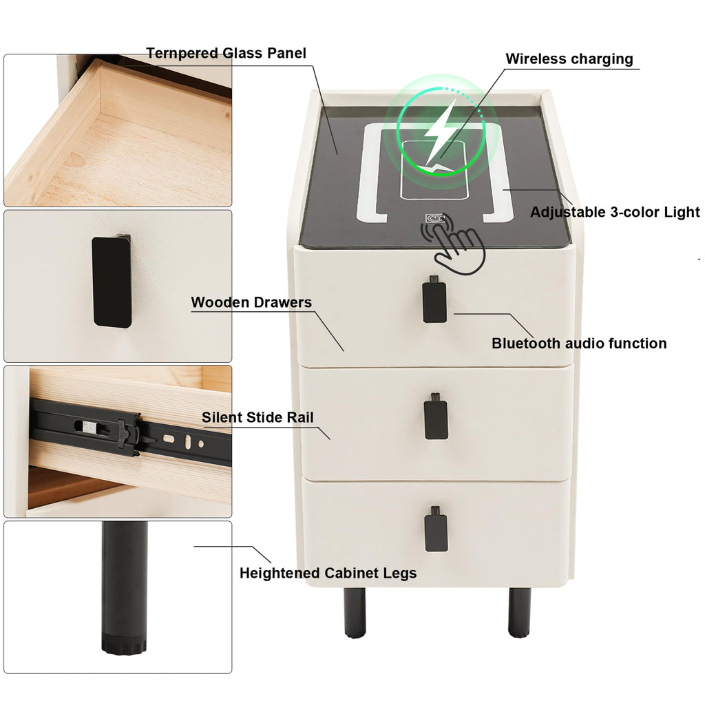 White Smart Nightstand with Wireless Charging Station & Adjustable LED Lights, 3 Drawers K25935