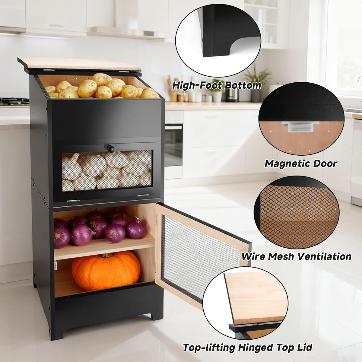 Black Stackable Wooden Potato Onion Storage Bin with Lid E373
