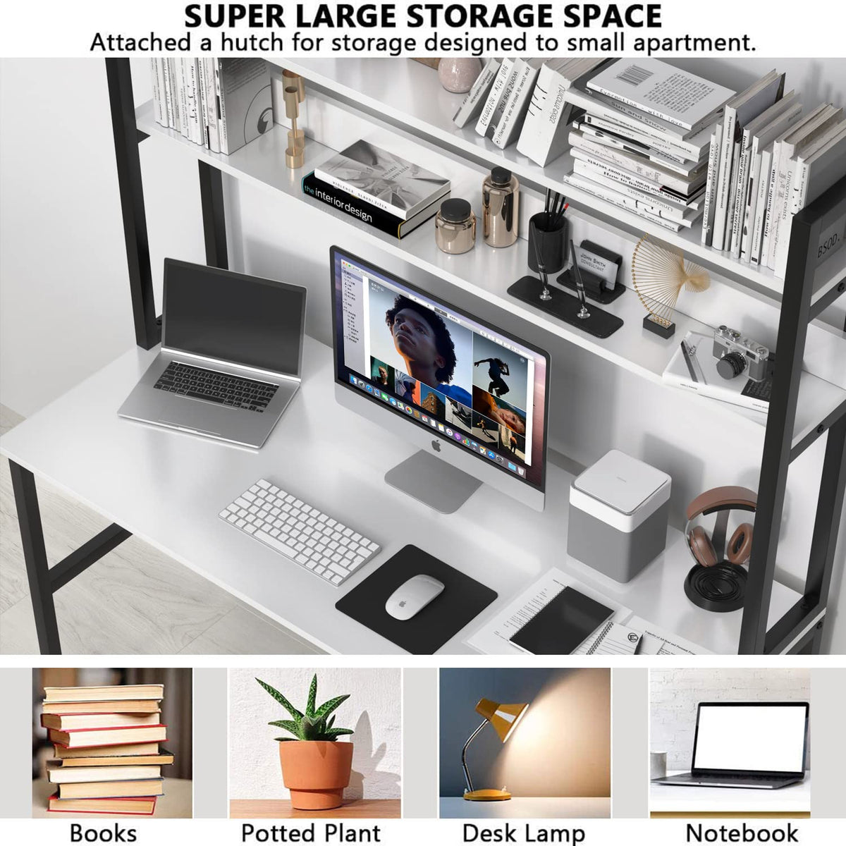 White Computer Desk with Hutch and Shelves X289