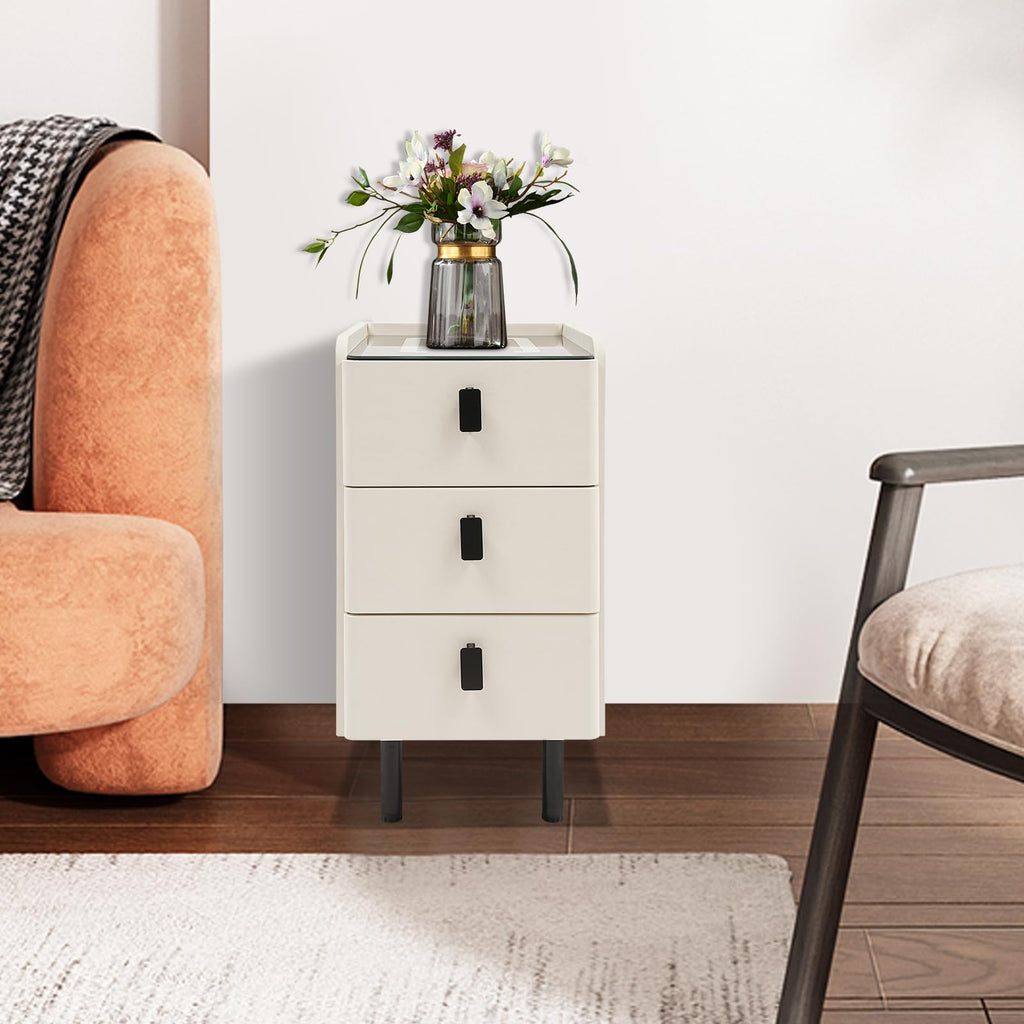 White Smart Nightstand with Wireless Charging Station & Adjustable LED Lights, 3 Drawers K25935