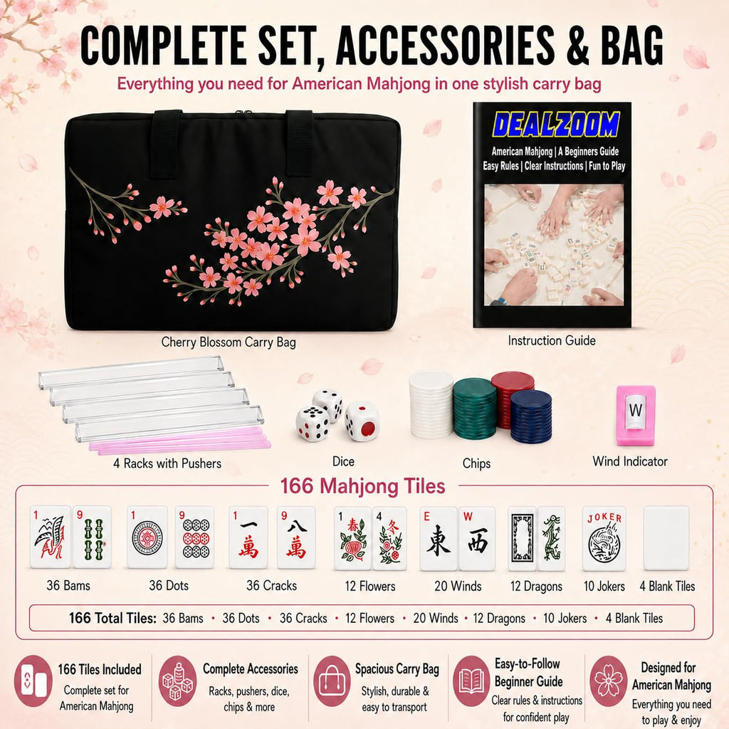 Complete American Mahjong Set with 166 Tiles, Racks, Pushers, Dice, Chips, Instructions & Bag S582161