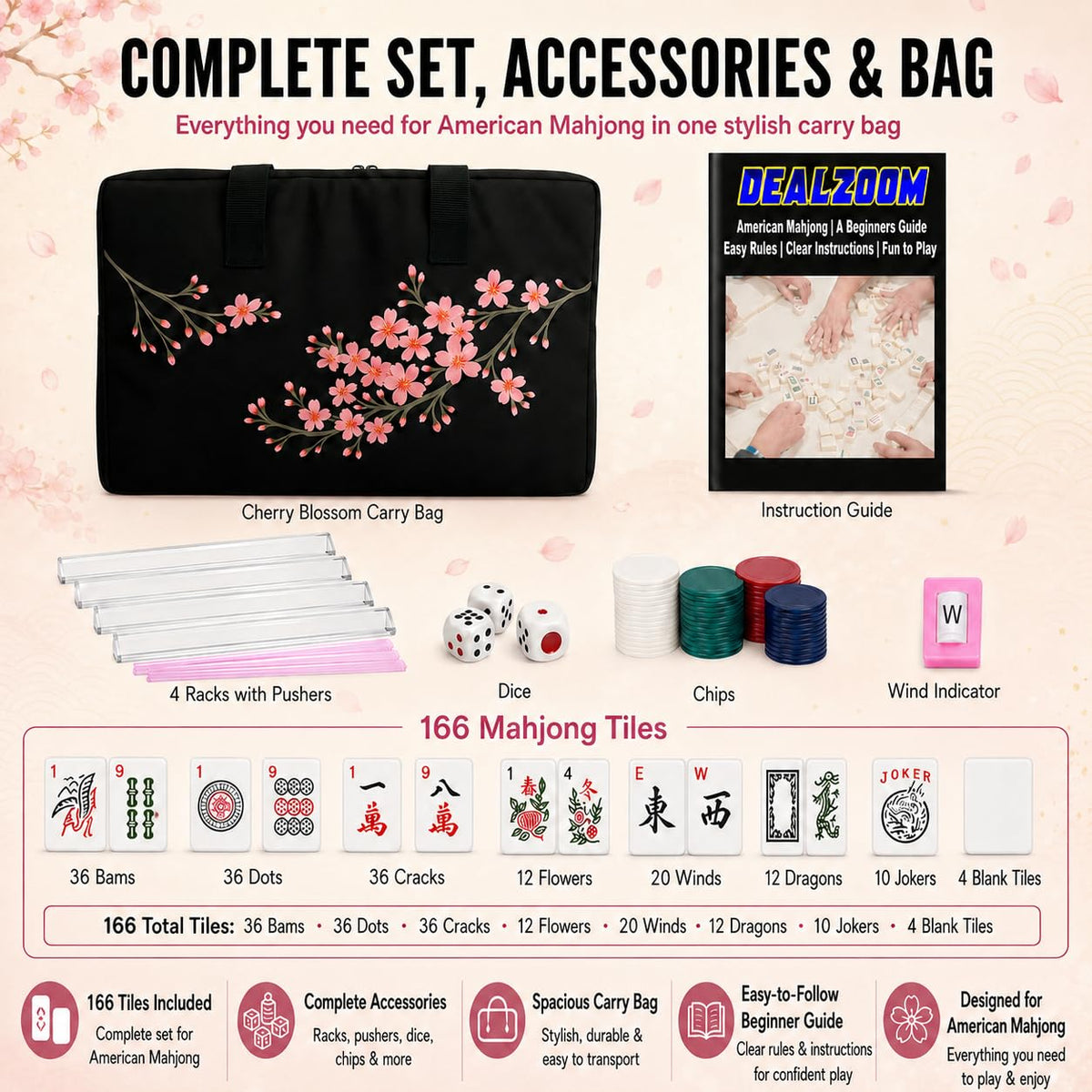 Complete American Mahjong Set with 166 Tiles, Racks, Pushers, Dice, Chips, Instructions & Bag S582161