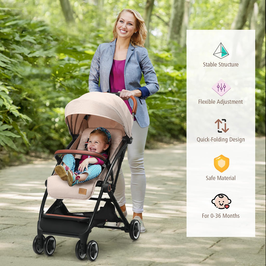 Lightweight Compact Baby Stroller with 5-Point Harness and Storage Basket, Beige R449