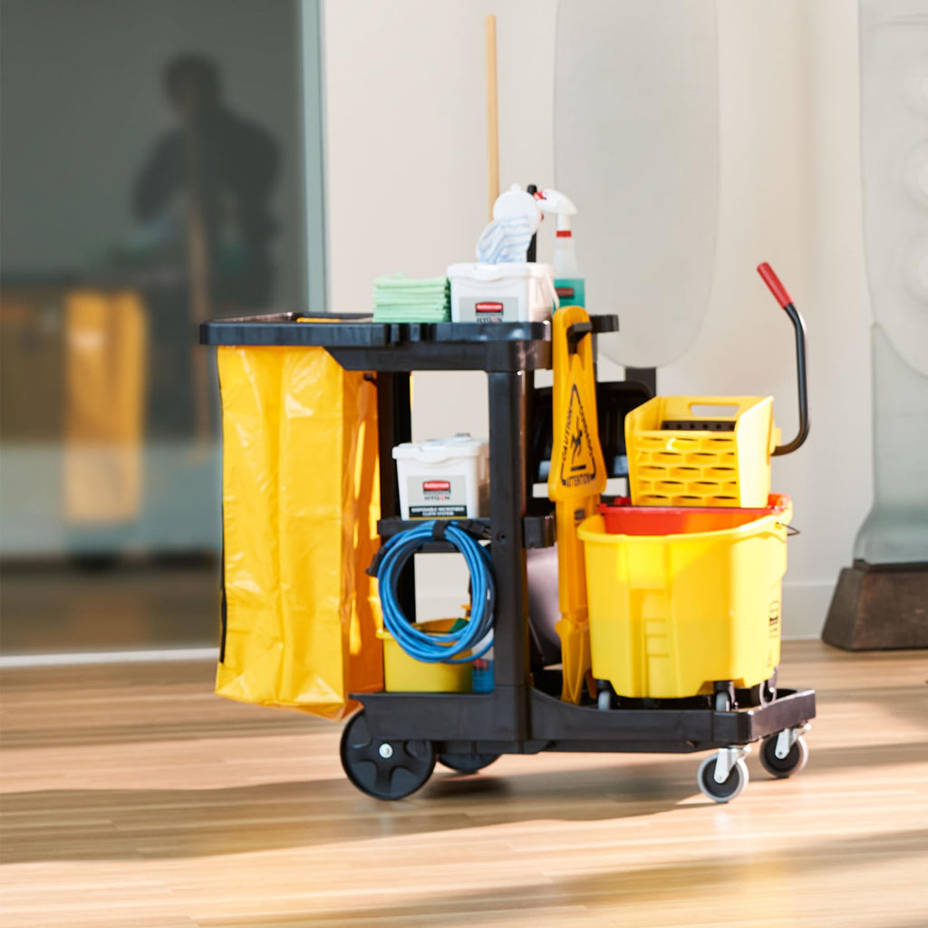 3-Shelf Wheeled Cleaning Cart with Yellow Vinyl Bag X73846