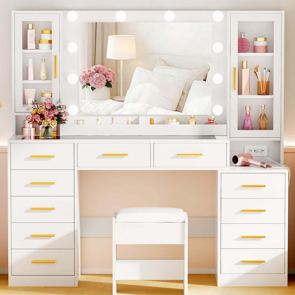 White Glass Top Vanity Desk with Mirror and Lights E537