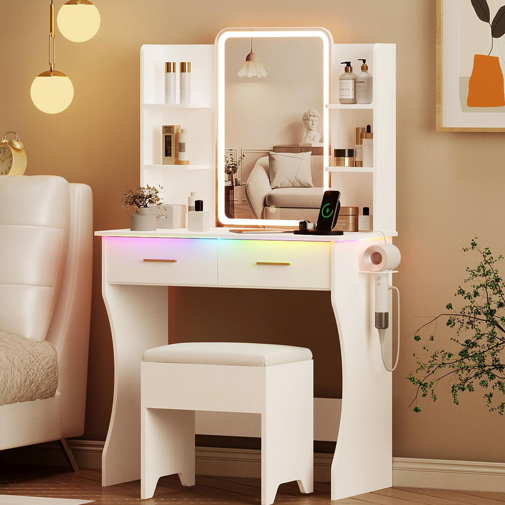 White Vanity Desk with LED Lights Mirror and Chair Q213