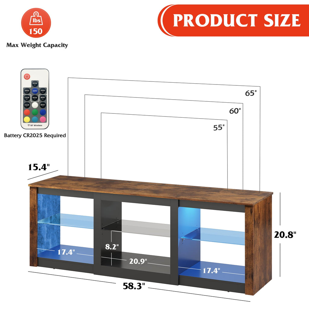 Rustic Brown 58-Inch TV Stand with Adjustable Glass Shelves T251