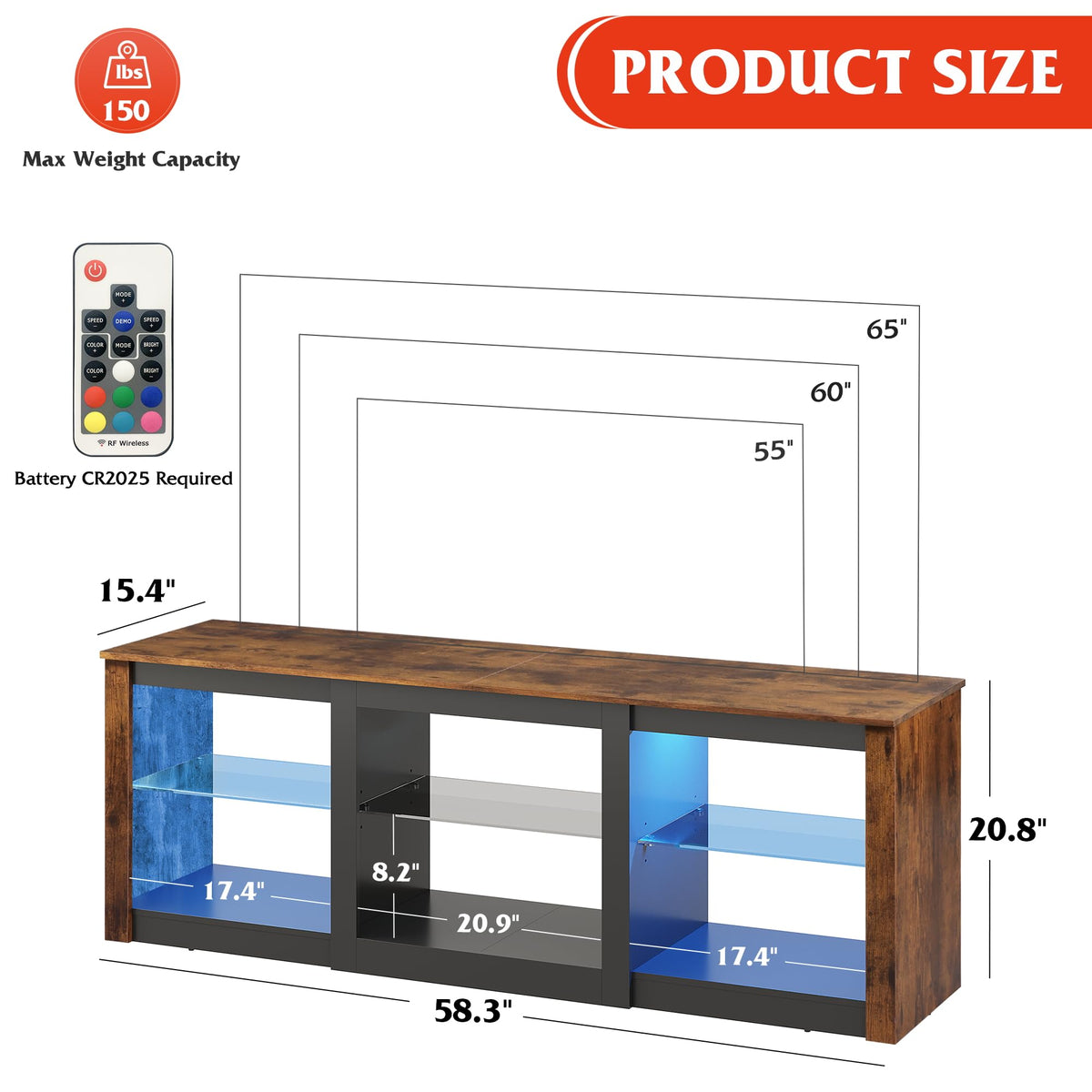 Rustic Brown 58-Inch TV Stand with Adjustable Glass Shelves T251