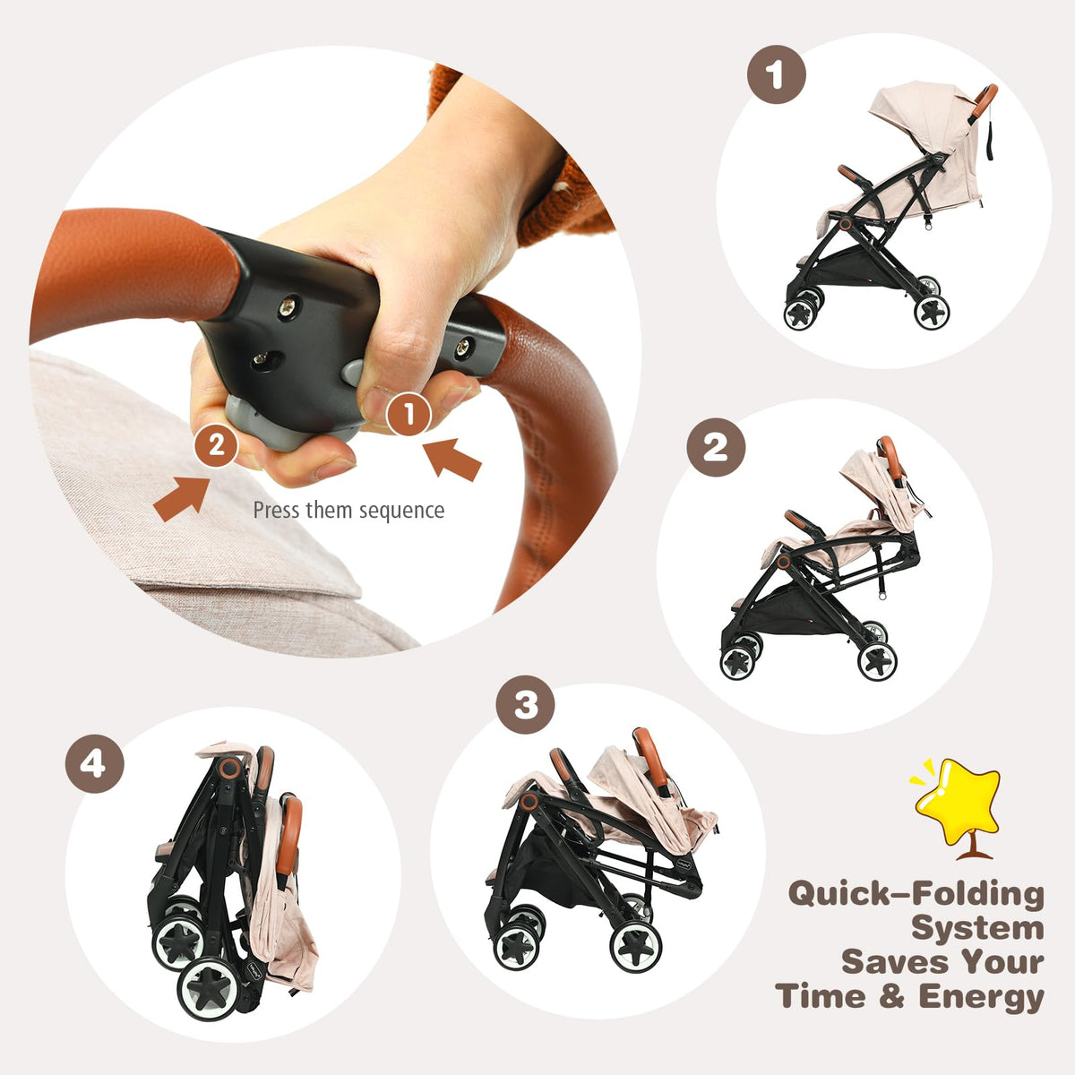 Lightweight Compact Baby Stroller with 5-Point Harness and Storage Basket, Beige R449
