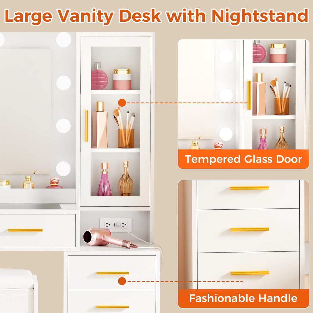 White Glass Top Vanity Desk with Mirror and Lights E537