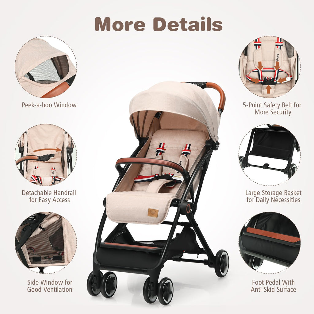 Lightweight Compact Baby Stroller with 5-Point Harness and Storage Basket, Beige R449