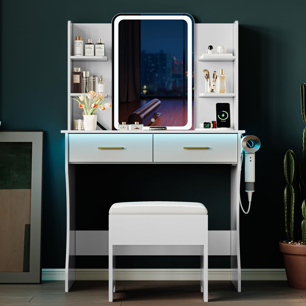 White Vanity Desk with LED Lights Mirror and Chair Q213