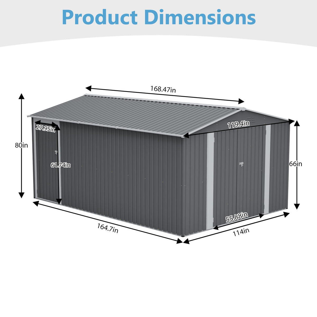 10x14 FT Waterproof Metal Storage Shed with 3 Lockable Doors D741