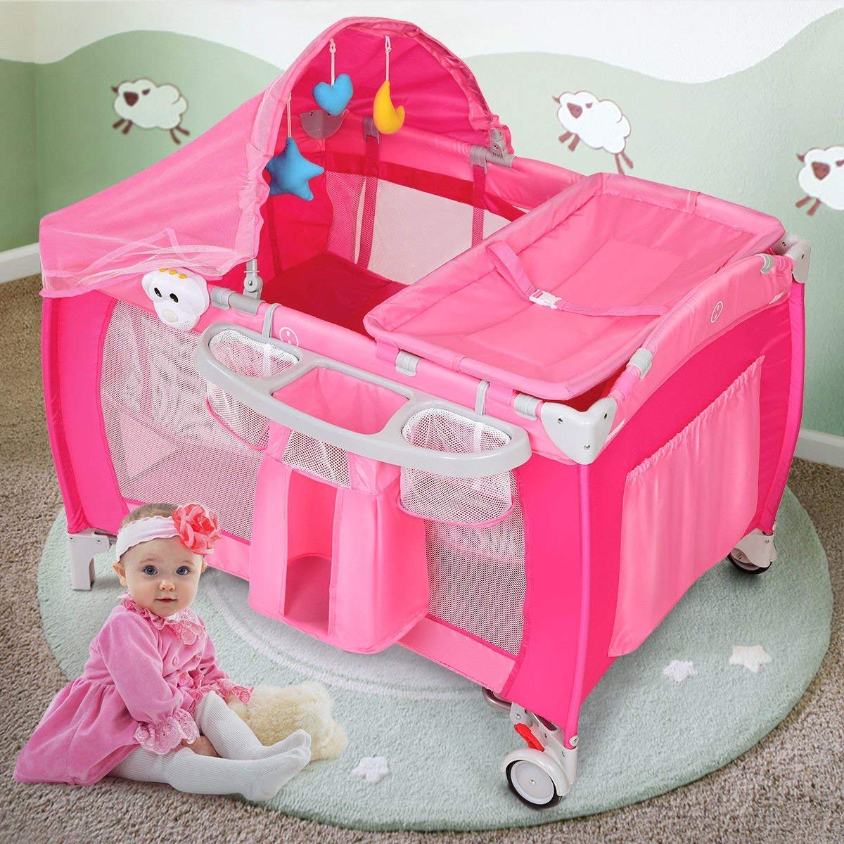 4 in 1 Pink Pack and Play with Bassinet M1842
