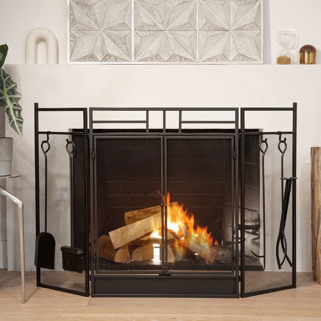 Black 3-Panel Folding Fireplace Screen with Magnetic Doors and 4-Piece Tools Set N69705