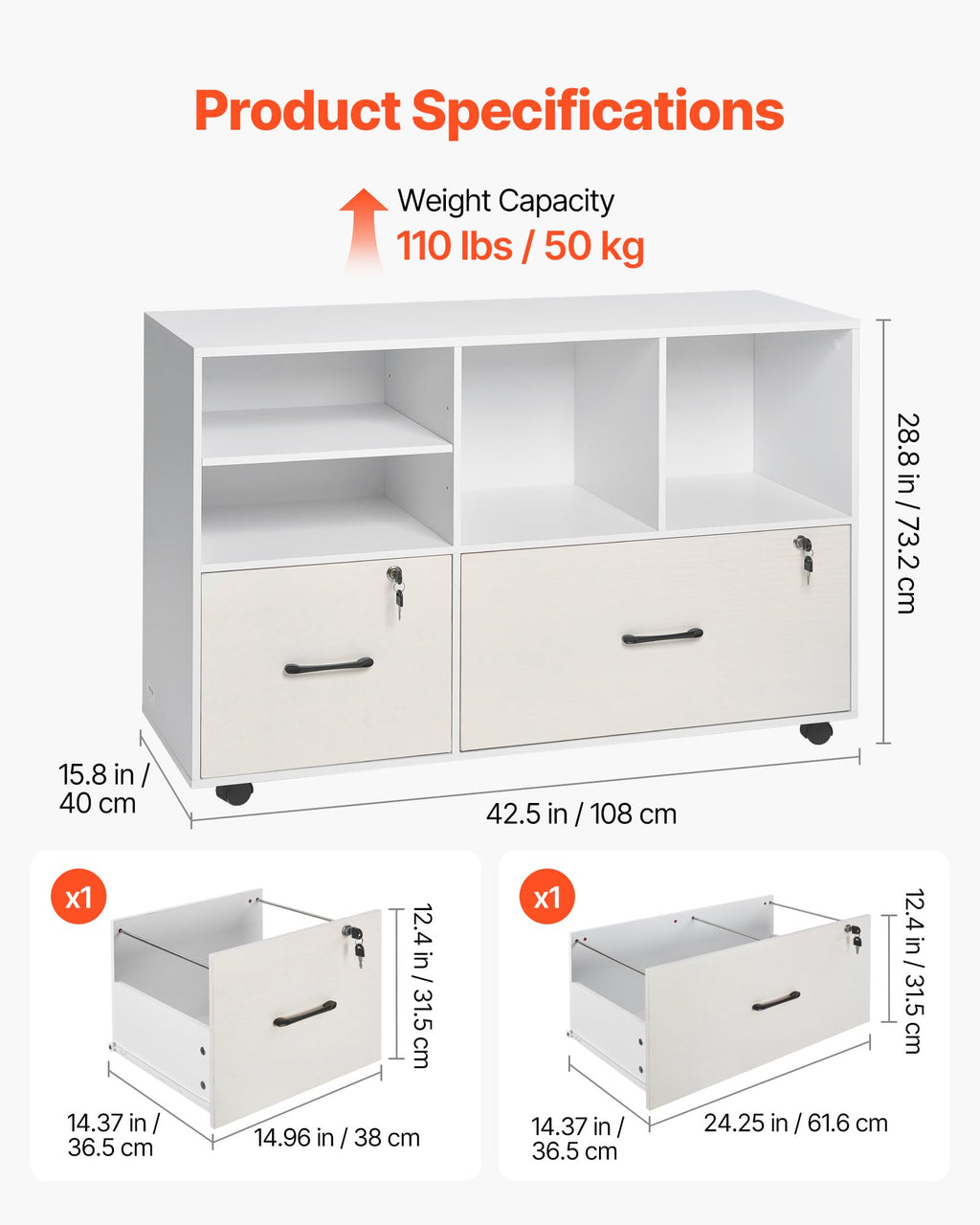 White 2 Drawer Wooden Lockable Mobile File Cabinet F989