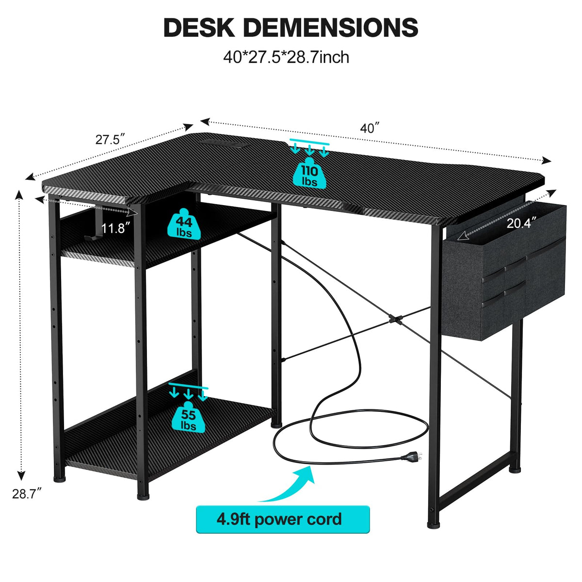 L Shaped Gaming Desk 40 Inch Black Carbon B32076