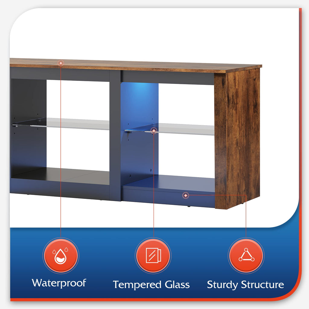 Rustic Brown 58-Inch TV Stand with Adjustable Glass Shelves T251