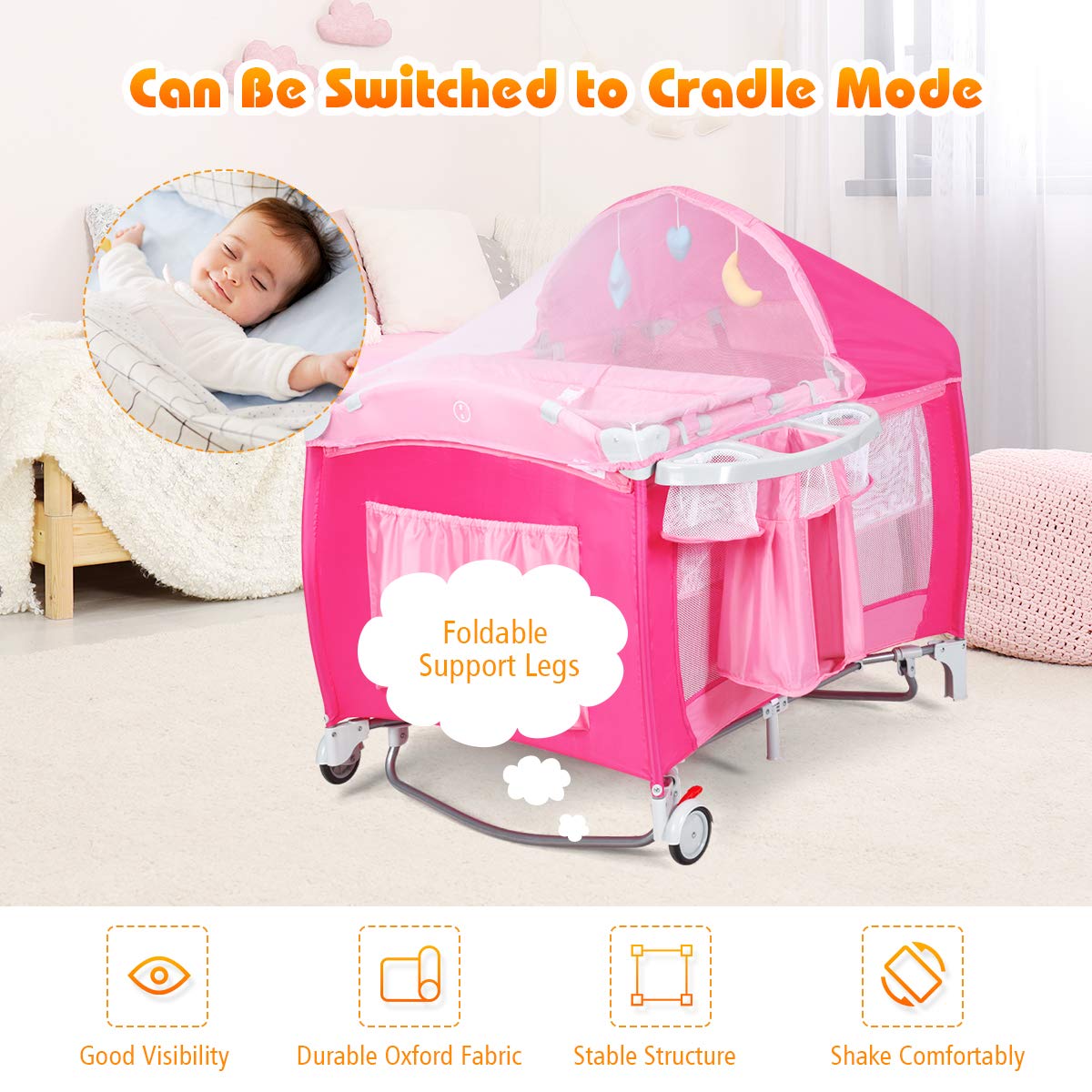 4 in 1 Pink Pack and Play with Bassinet M1842