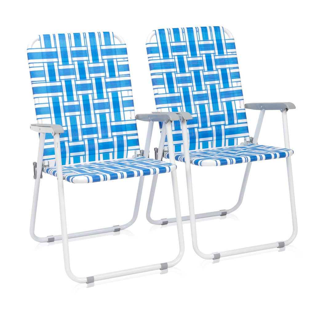 Folding Aluminum Webbed Lawn Chairs Set of 2 Blue & White Strip M777