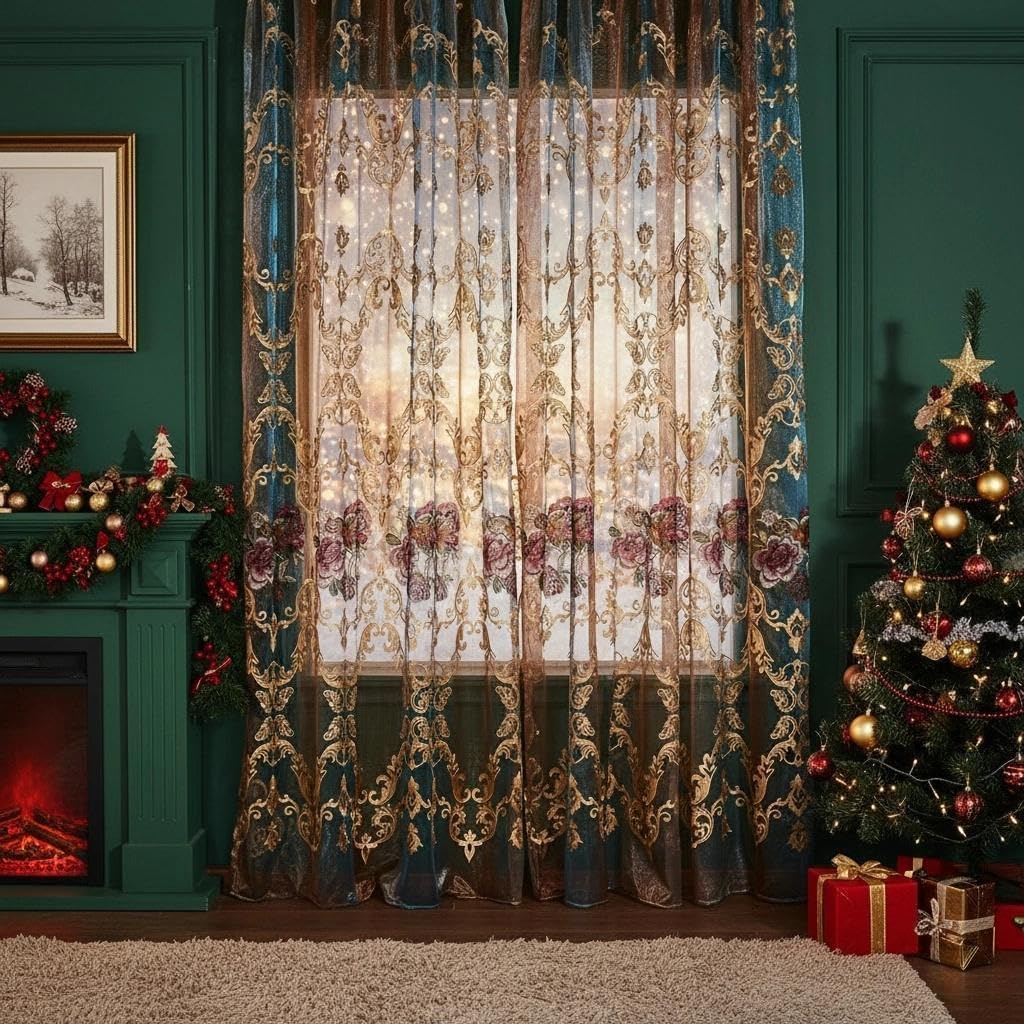 Embroidered Sheer Curtains with Floral Patterns 100"W x 84"L C799862