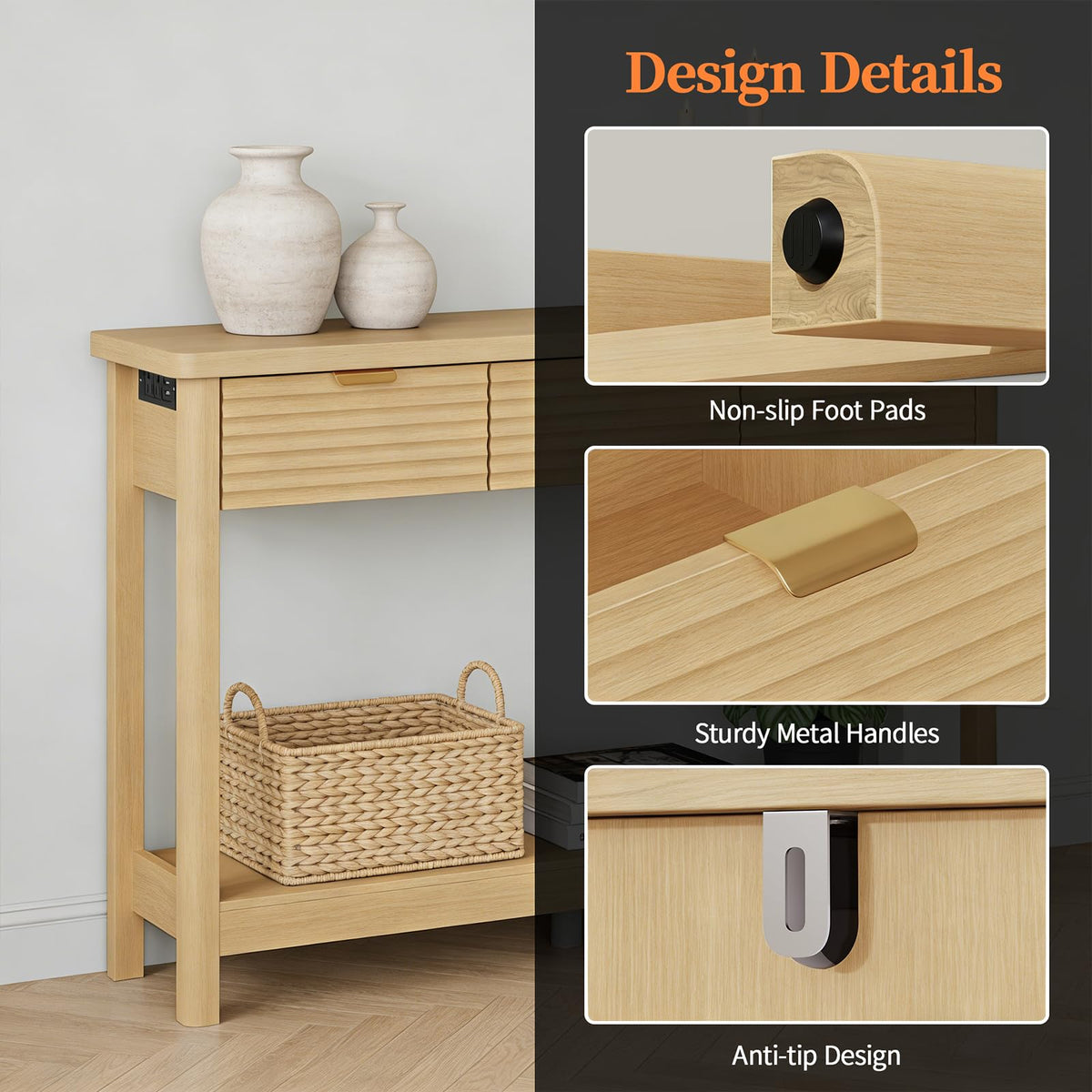 47.2" Narrow Console Table with 3 Drawers & Charging Station, Oak I890044