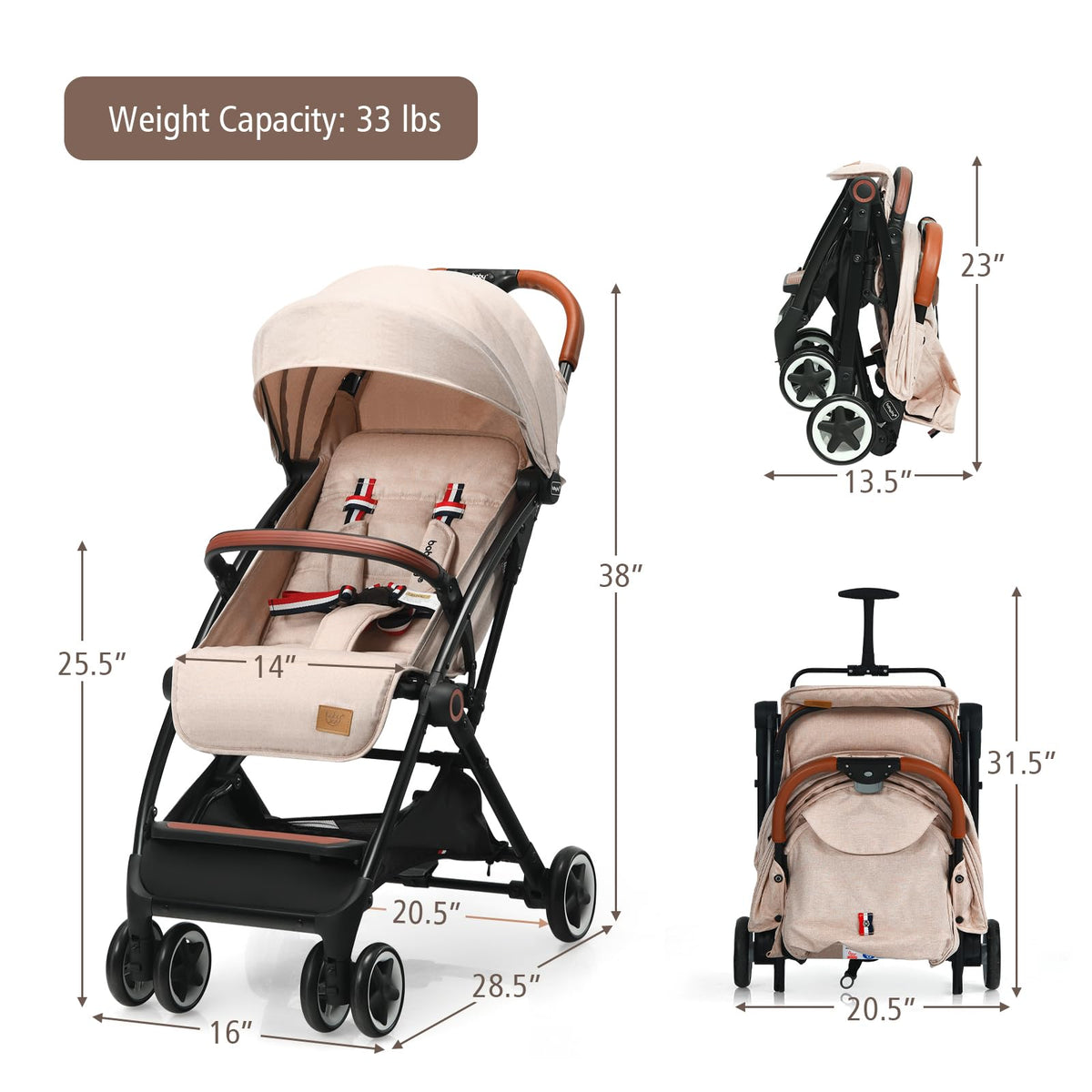 Lightweight Compact Baby Stroller with 5-Point Harness and Storage Basket, Beige R449